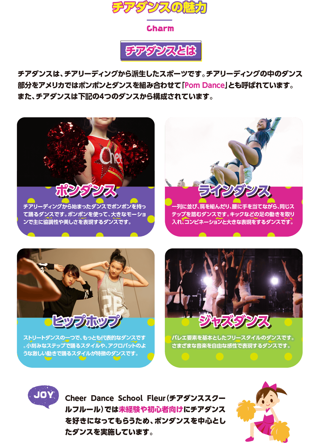 チアダンスの魅力 チアダンスは、チアリーディングから派生したスポーツです。チアリーディングの中のダンス部分をアメリカではポンポンとダンスを組み合わせて「Pom Dance」とも呼ばれています。また、チアダンスは下記の4つのダンスから構成されています。 ポンダンス ラインダンス　ヒップホップ　ジャズダンス Cheer Dance School Fleur（チアダンススクールフルール）では未経験や初心者向けにチアダンスを好きになってもらうため、ポンダンスを中心としたダンスを実施しています。
